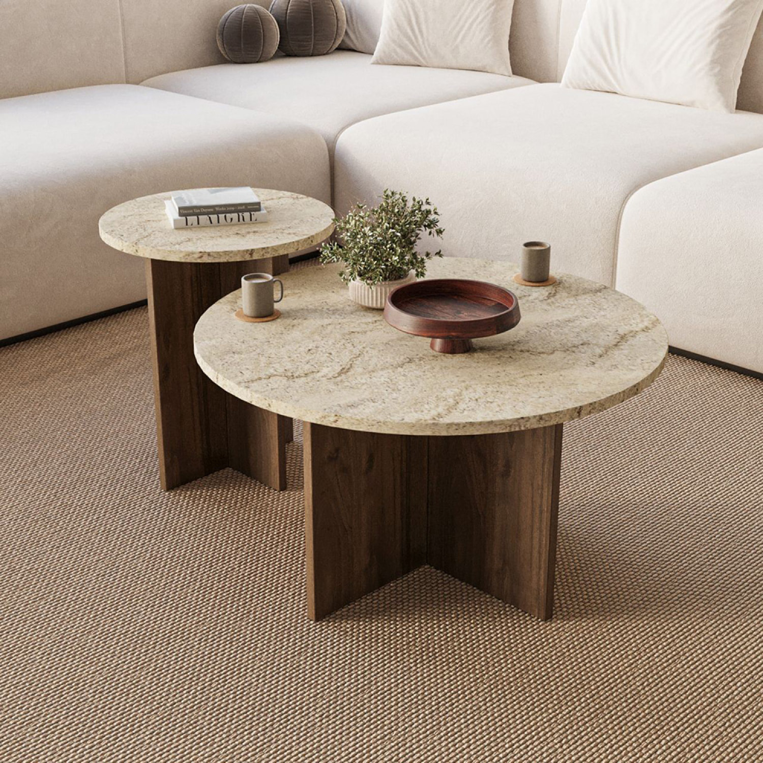 Ensemble de 2 tables basses rondes effet travertin et noyer BLISS