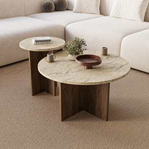 Ensemble de 2 tables basses rondes effet travertin et noyer BLISS