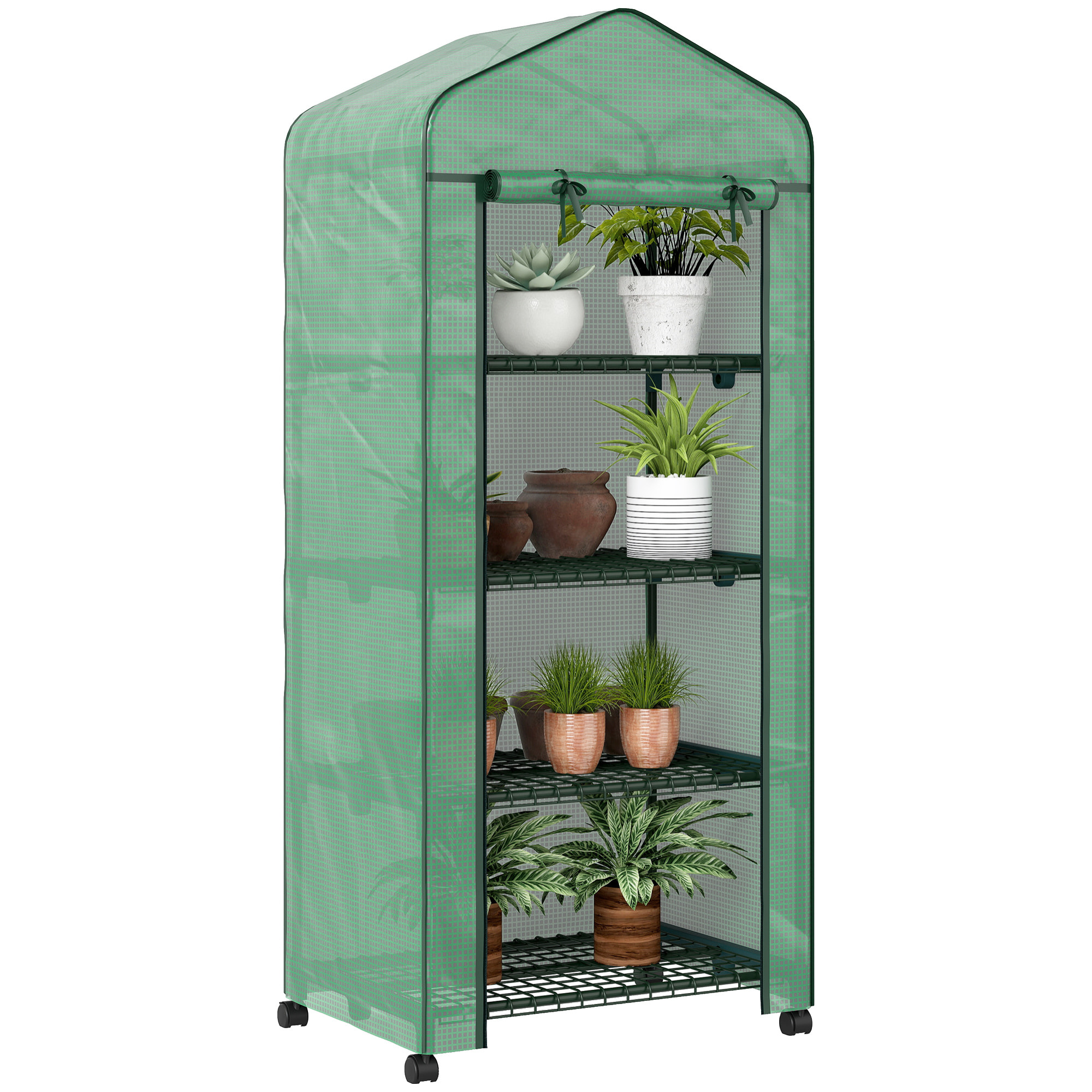 Invernadero de Exterior con 4 Estantes y Ruedas, Invernadero de Jardín con Puerta Enrollable, Marco de Acero y Cubierta PE 140g/ãŽ¡ Anti-UV, Impermeable para Terraza, Patio, 69x50x165 cm, Verde