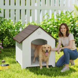 Caseta para Perros Exterior, Casa para Perros Grandes de Plástico Impermeable con 2 Ventanas, Base Elevada, Estacas, Fácil de Montar, 88x79x89 cm, Marrón Oscuro