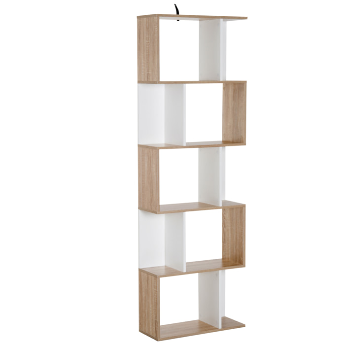 Bibliothèque étagère meuble de rangement design contemporain en S 5 étagères 60L x 24l x 185H cm effet chêne blanc