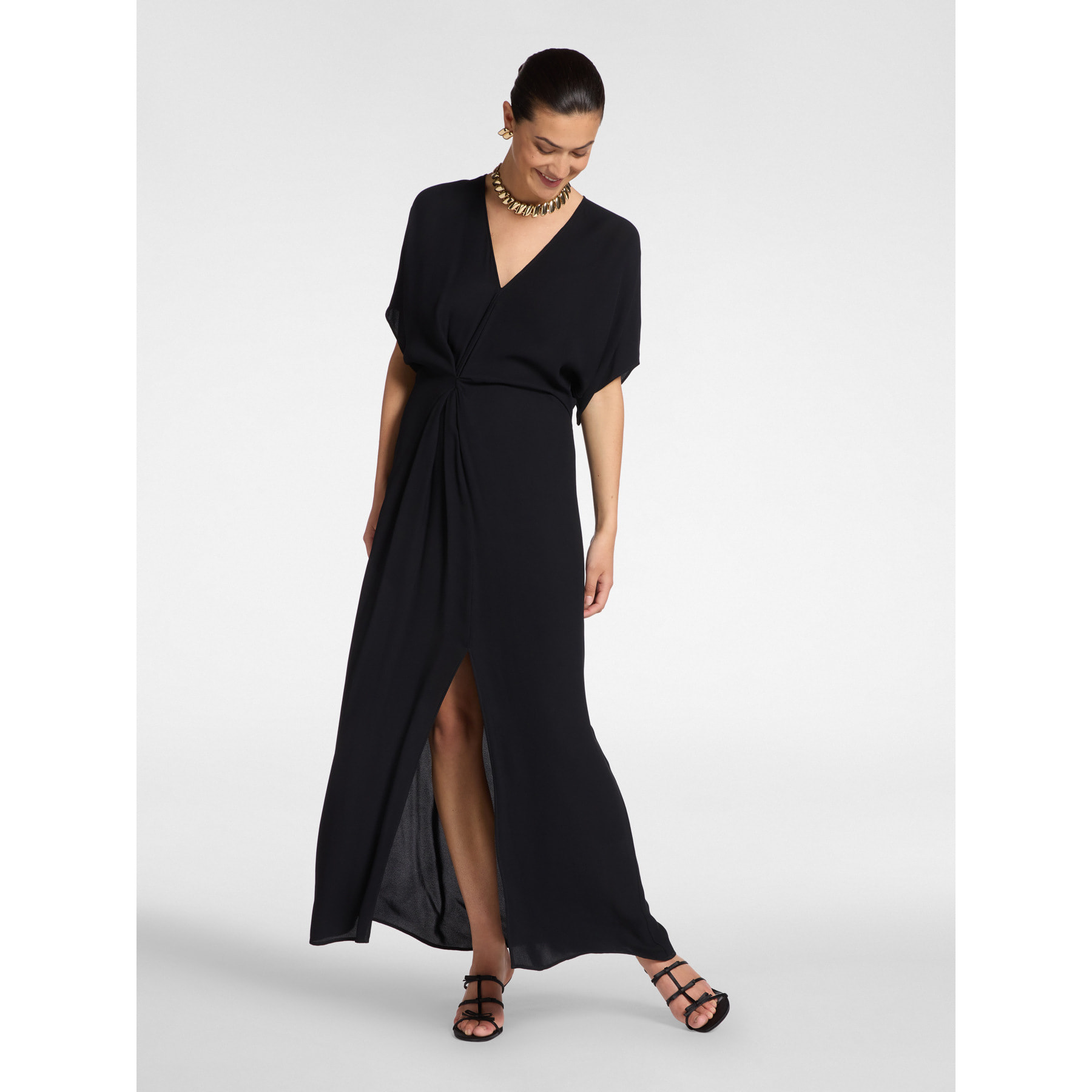 Elena Mirò - Vestido largo en crepé de China con drapeado - Negro