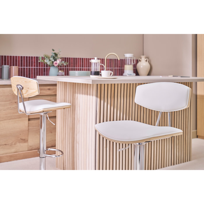 Tabouret de bar design réglable blanc et bois clair VASCO