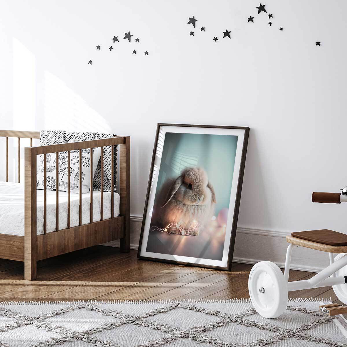 Affiche enfant lapin lumineux  Affiche + cadre en bois - Noir