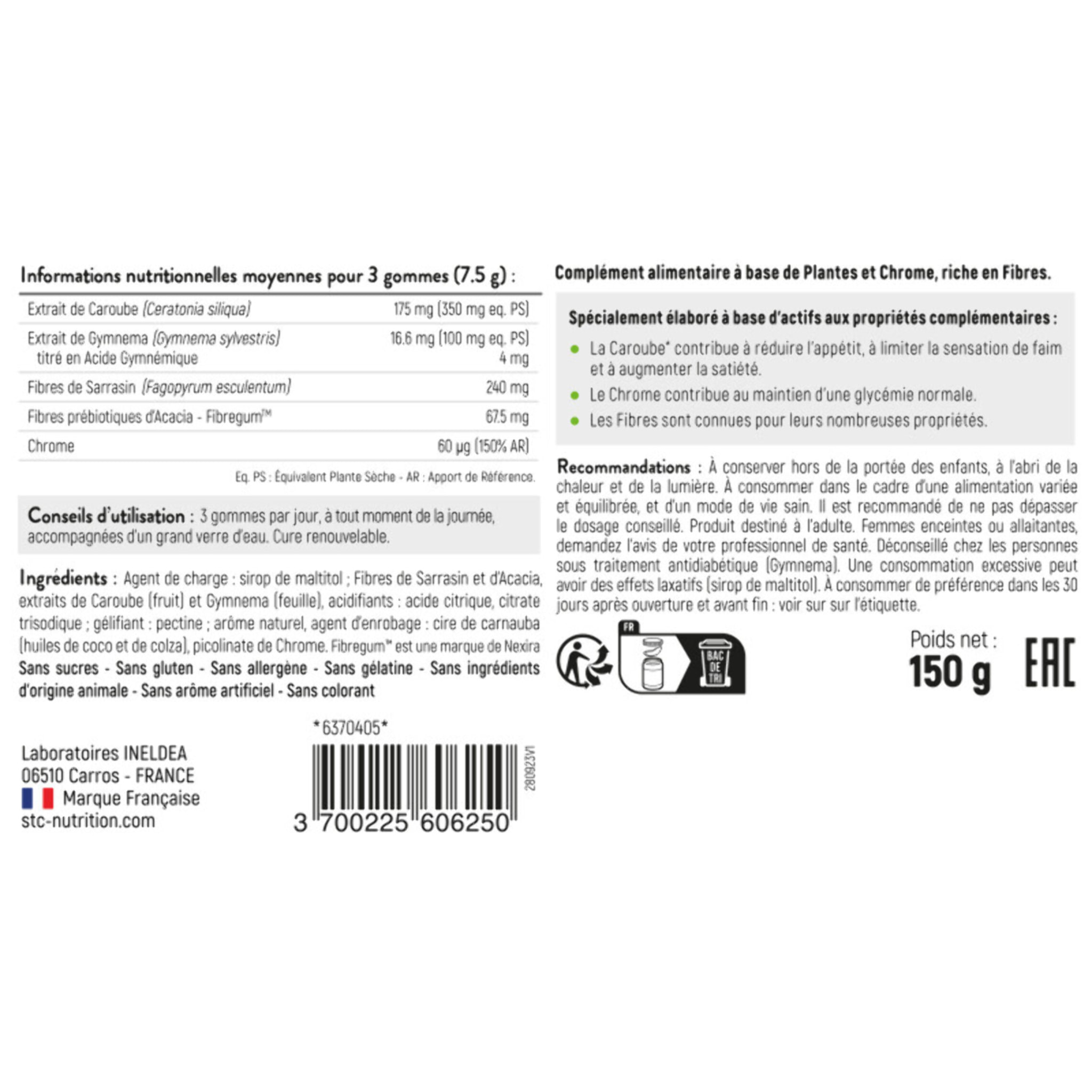 STC NUTRITION - Gommes Coupe Faim - Complément alimentaire sans sucres - Plantes, Chrome et Fibres - Réduit l'appétit et fringales - Soutien les objectifs de perte de poids - Goût myrtille - 60 gommes