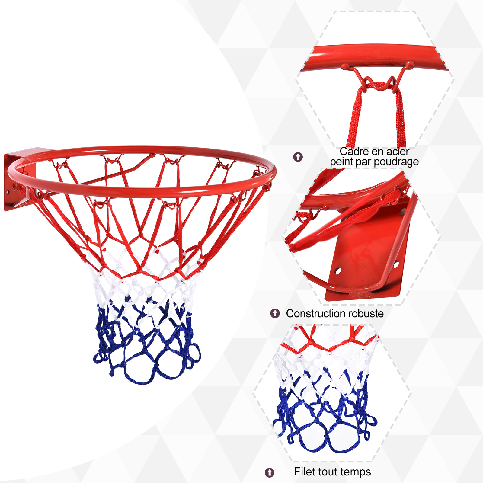 Panier de basket, anneau de basketball avec filet Ø 46 cm, support mural intérieur et extérieur, rouge