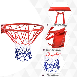 Panier de basket, anneau de basketball avec filet Ø 46 cm, support mural intérieur et extérieur, rouge
