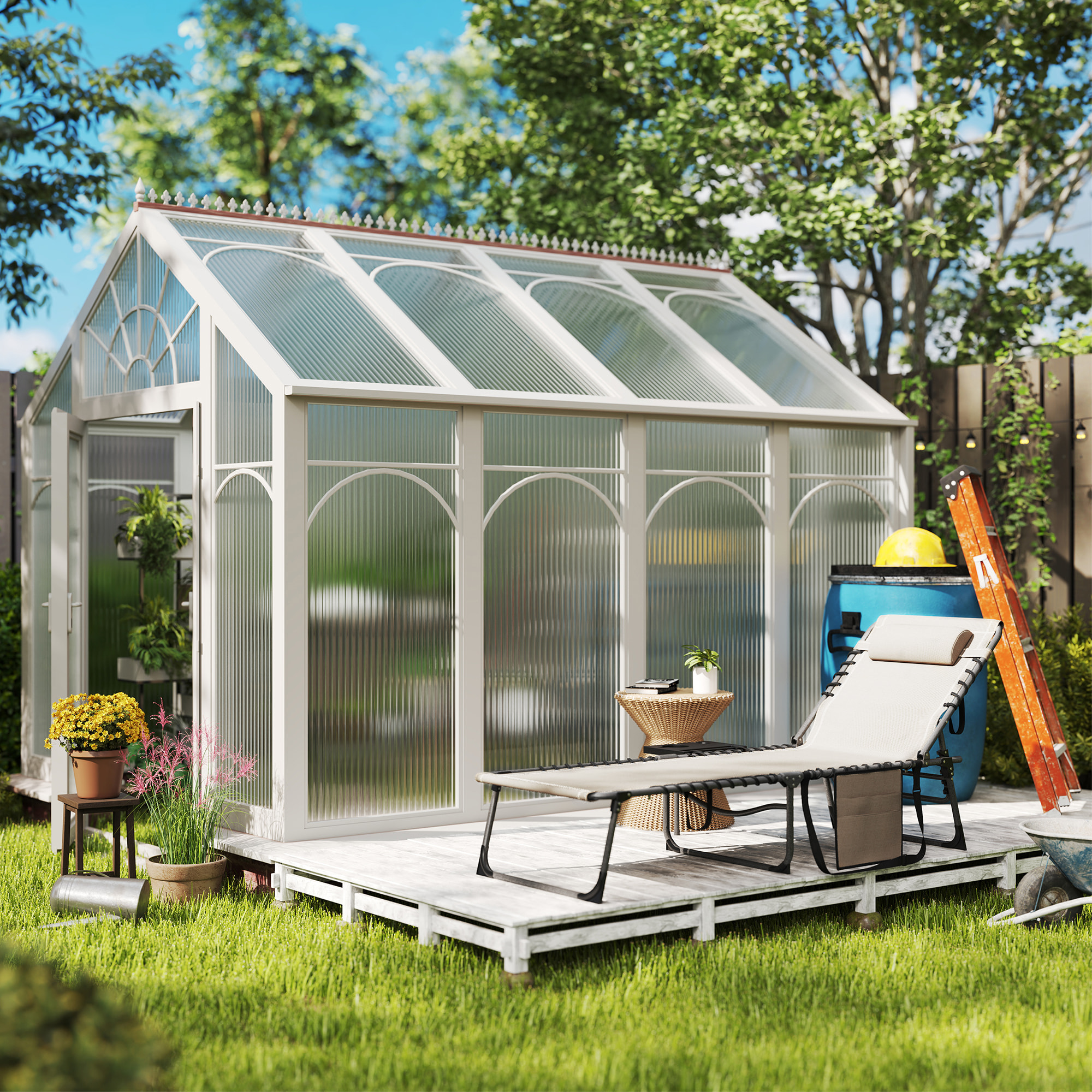 Tumbona Plegable, Tumbona Jardín Exterior con Respaldo Ajustable, Reposacabezas, Bolsillo Lateral, Bandeja y Estructura de Acero, Carga 120 kg para Terraza Piscina Playa, 190x60x31 cm, Crema