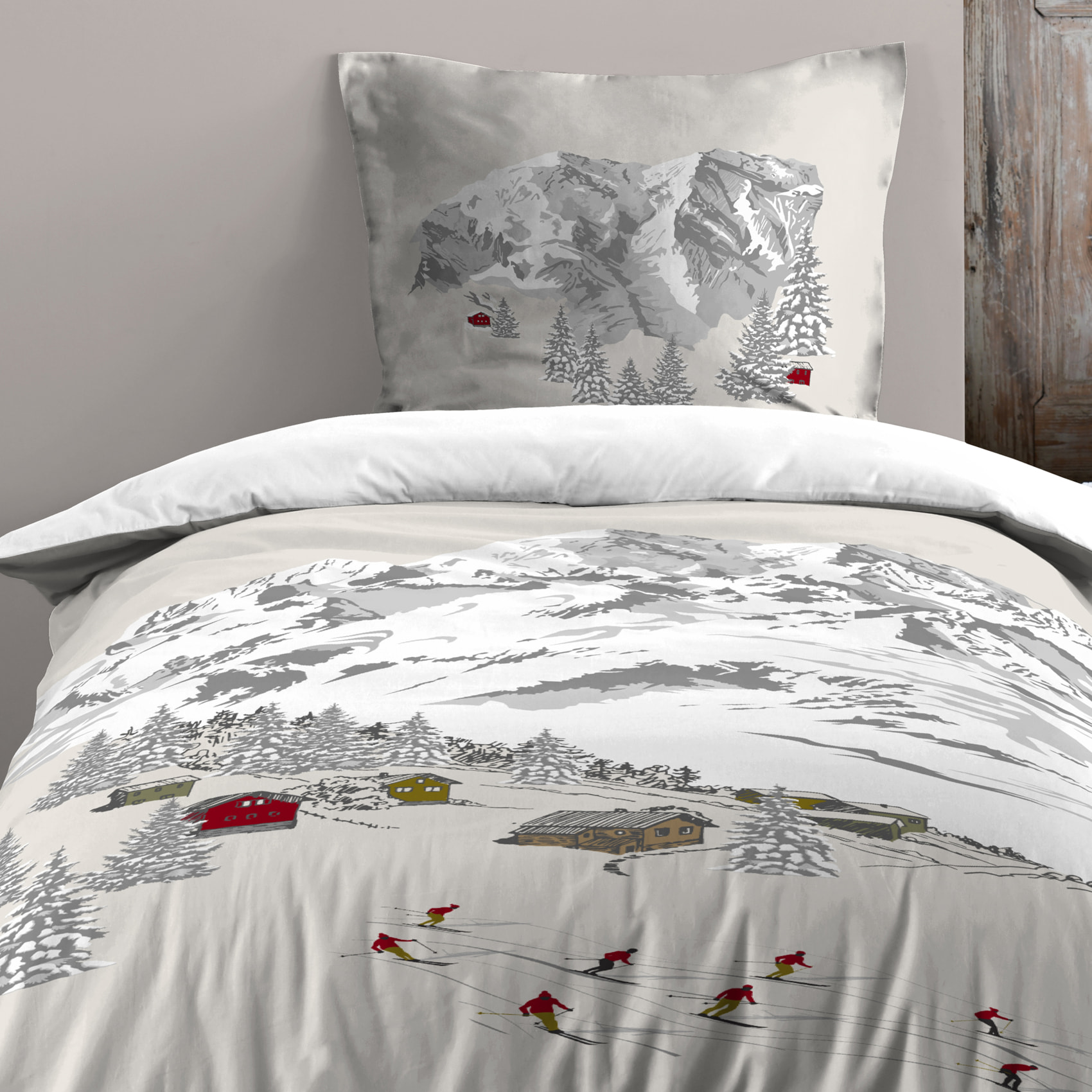 Parure de lit 2 pièces imprimée esprit montagne housse + taie - Ecru