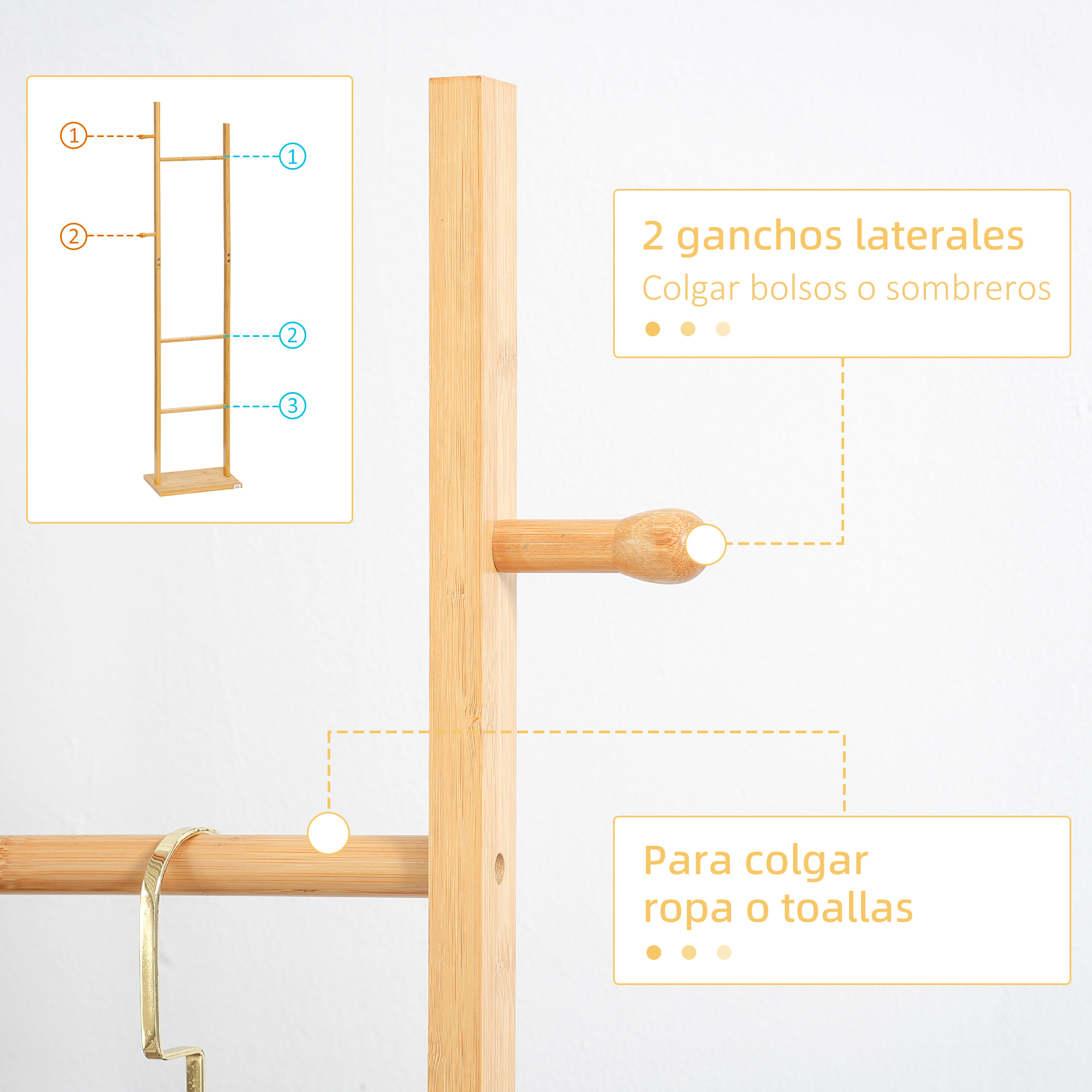 Perchero de Pie de Bambú con 2 Ganchos y 3 Barras Colgantes 36x24x168 cm Natural
