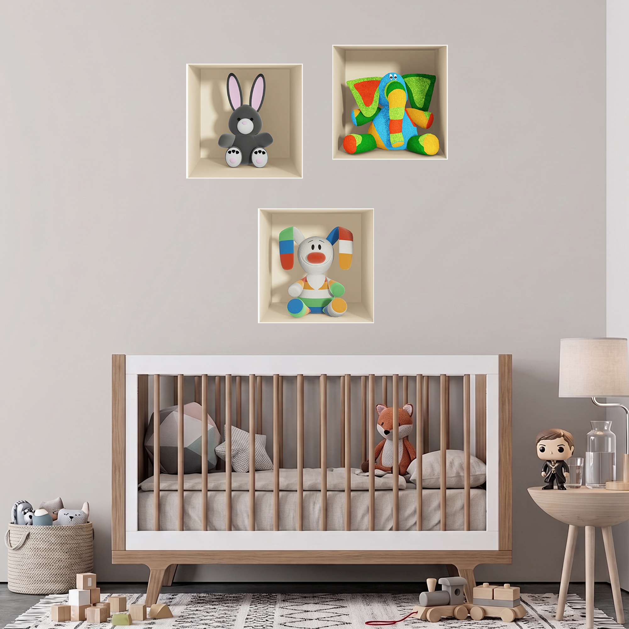 Stickers muraux 3D | Sticker Mural Autocollant effet 3D jouets Ãƒâ€°léphant, lapin gris et lapin en couleurs - Stickers adhésifs 3D Chambre Salon Trompe l'oeil