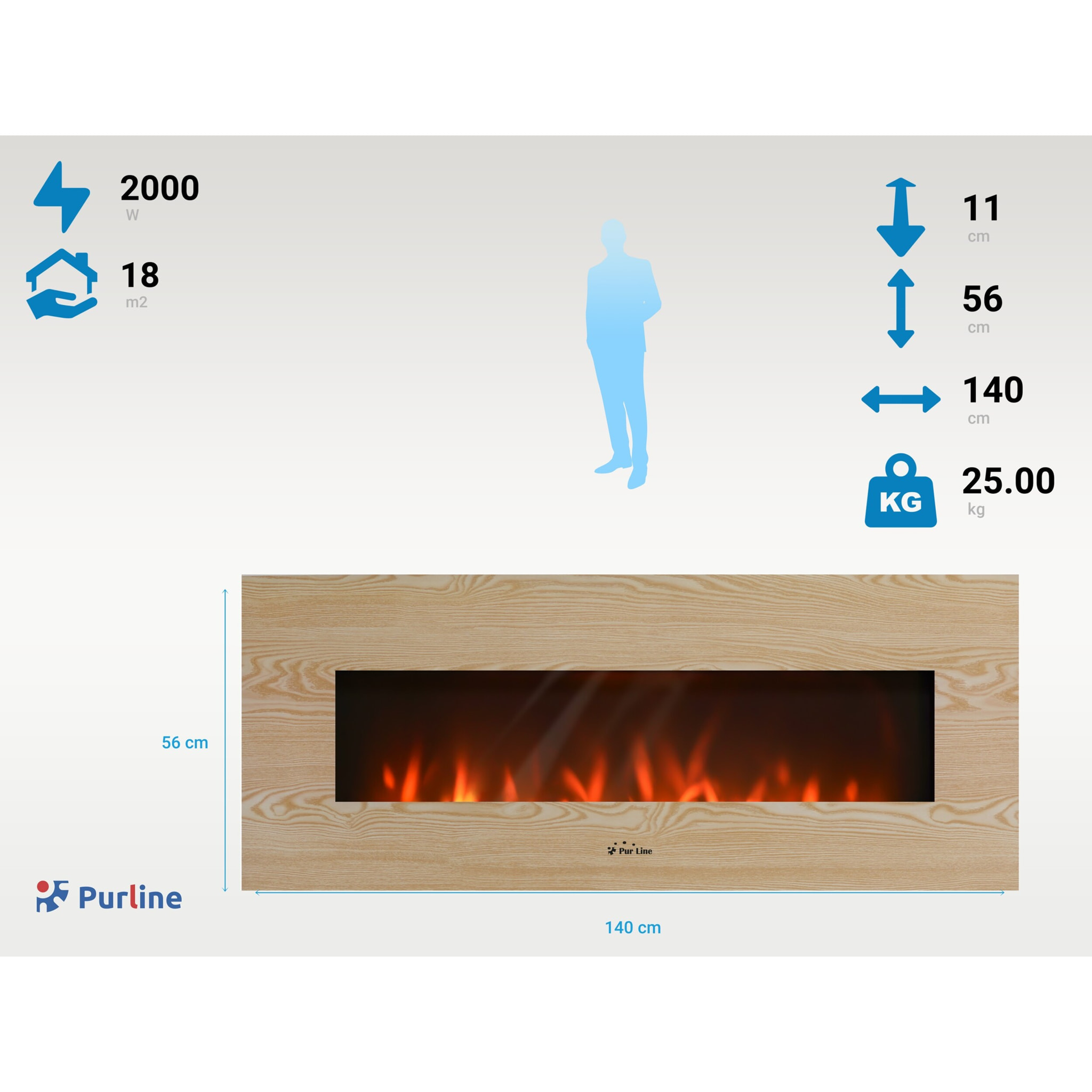Cheminée électrique panoramique avec éclairage LED d'ambiance et panneau frontal en MDF