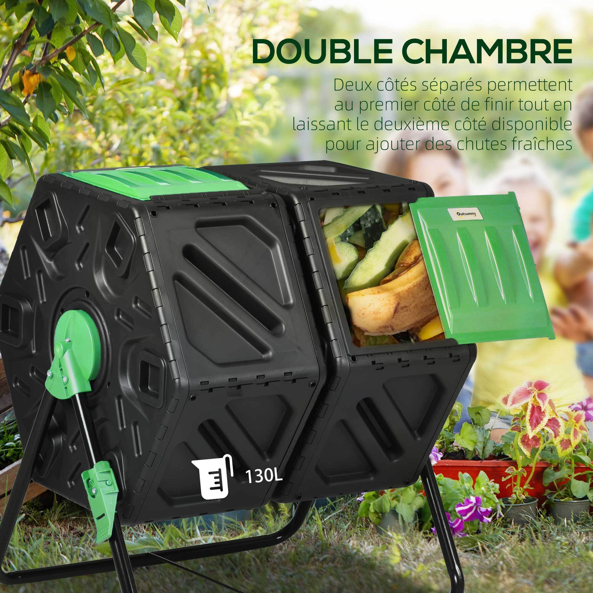 Composteur de jardin - bac à compost pour déchets - rotatif 360° - double chambre 130 L - acier PP vert noir