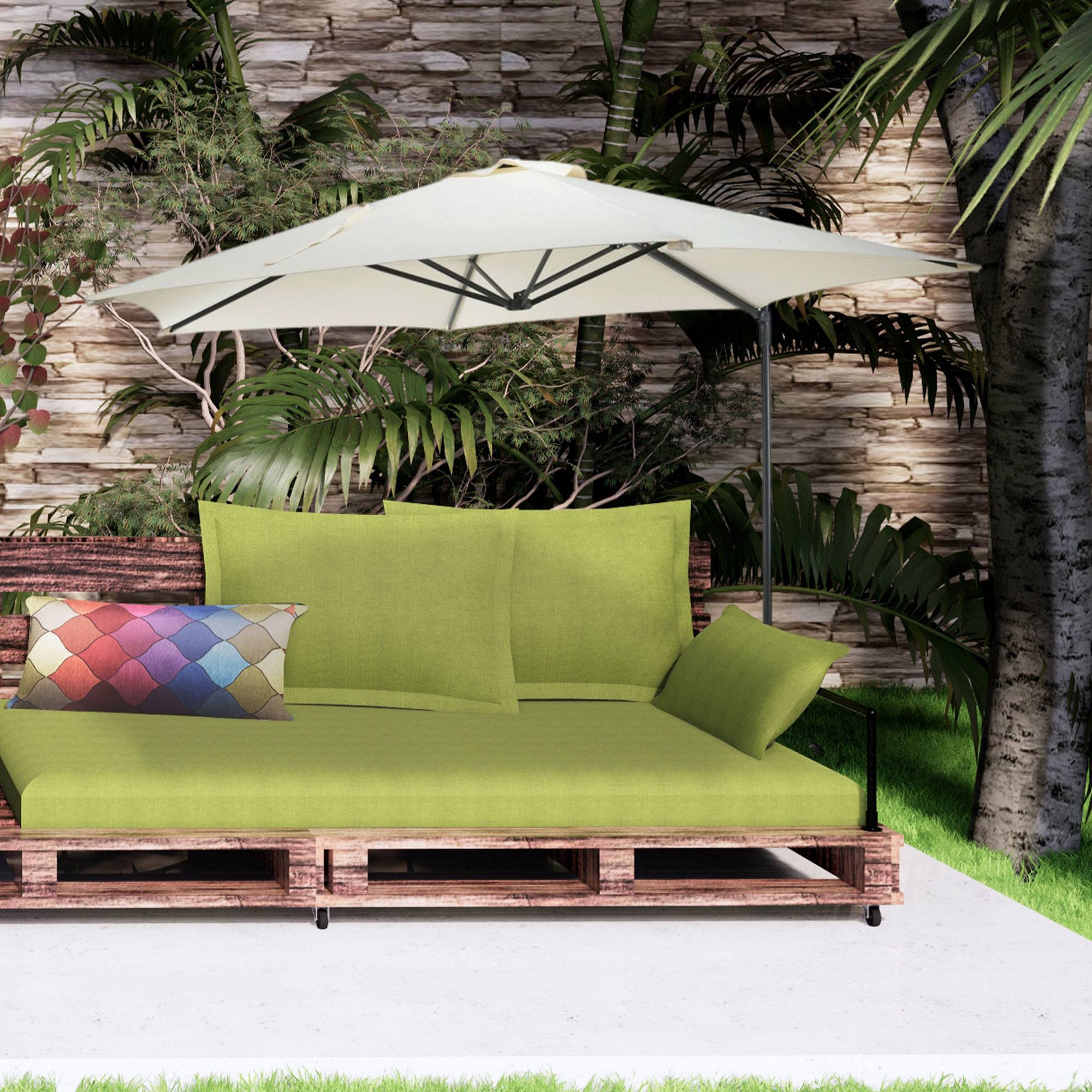 Well home - sombrilla colgante push up de ø270cm en color crema con base de acero cruzado