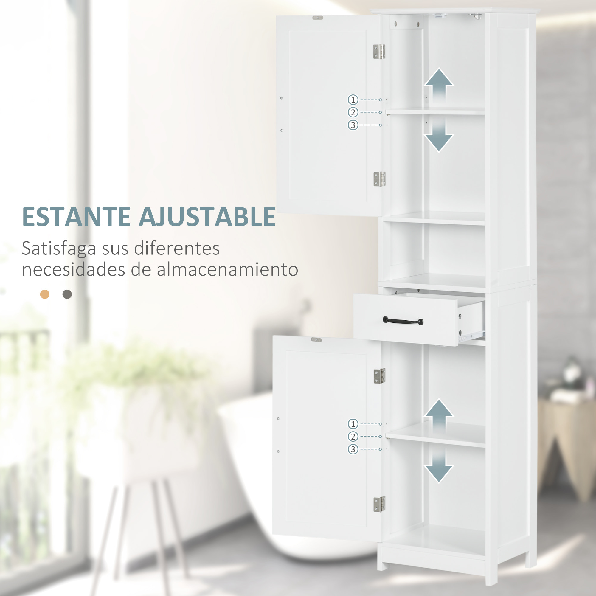 Columna de Baño Armario de Baño Alto con 2 Puertas 1 Cajón Estante Abierto y Estantes Ajustables Antivuelco 40x30x164 cm Blanco