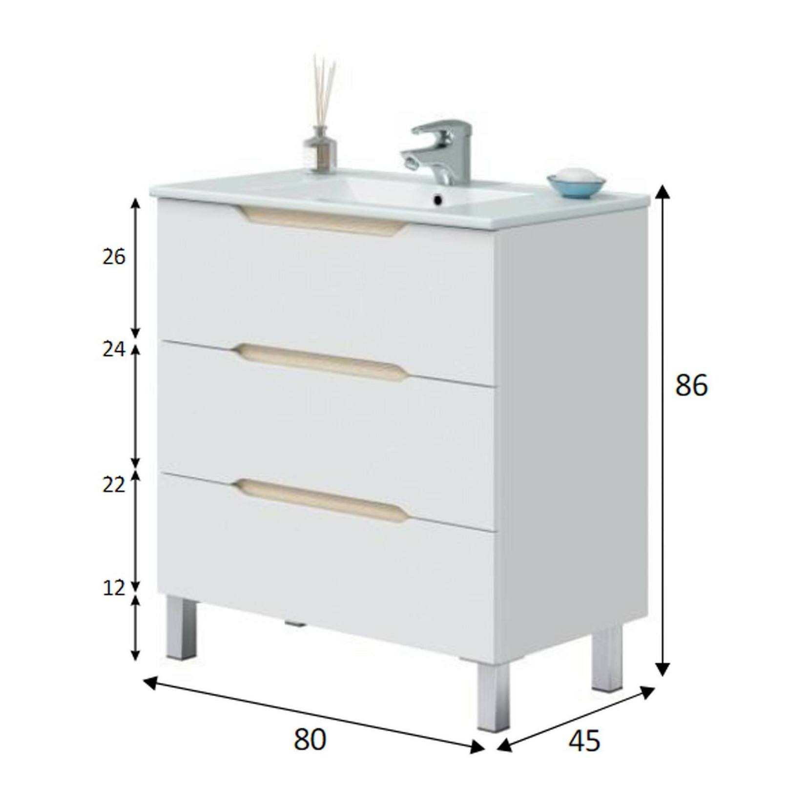 Mobile sottolavabo Dianmu, Mobiletto da bagno, Contenitore porta lavabo, Armadio per lavandino, 80x45 h86 cm, Bianco lucido e Rovere