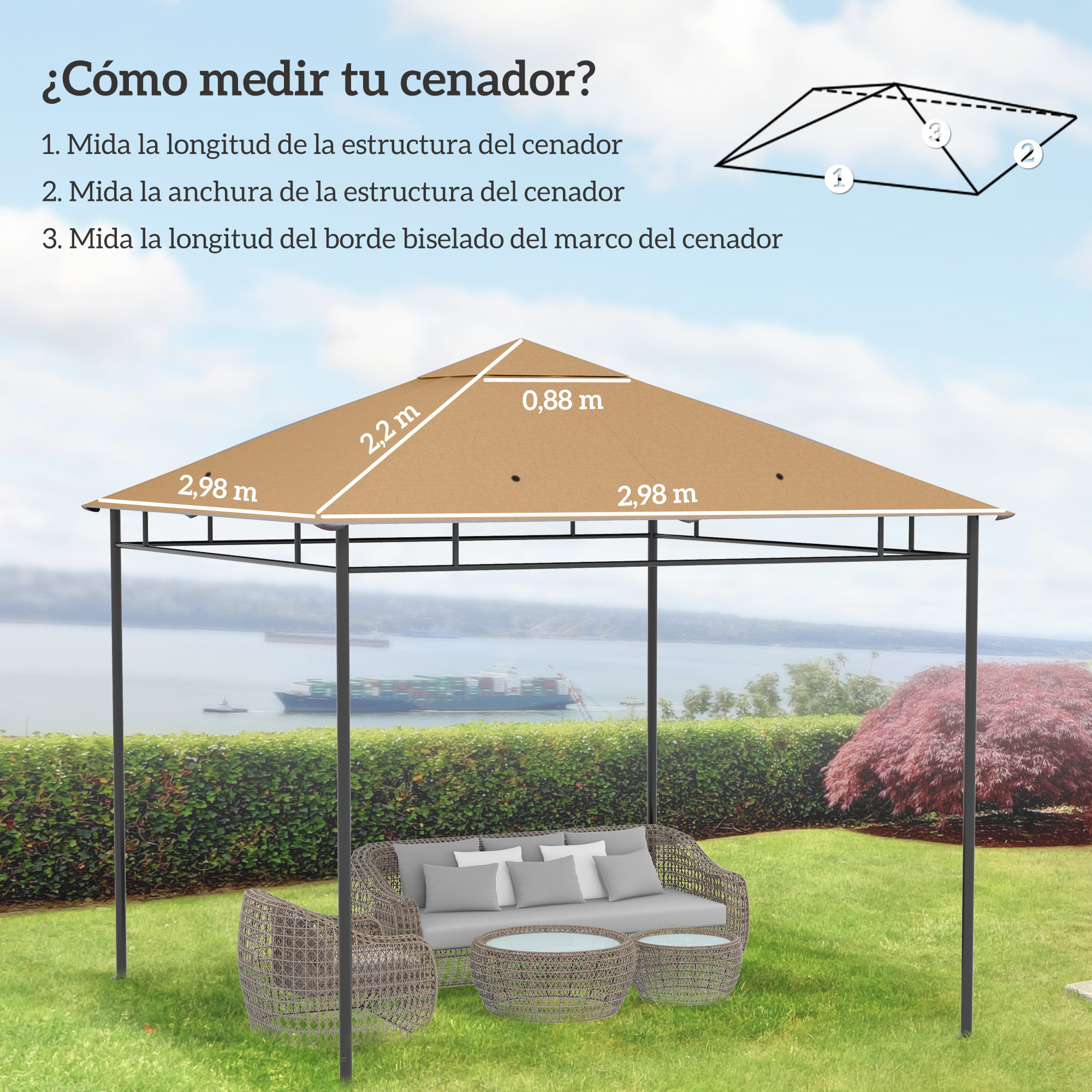 Outsunny Techo de Repuesto para Cenador, 3x3 m, Cubierta de Repuesto con 8 Orificios de Drenaje, Ventilación y Protección UV, SOLO Toldo de Recambio para Pabellón Gazebo, Beige