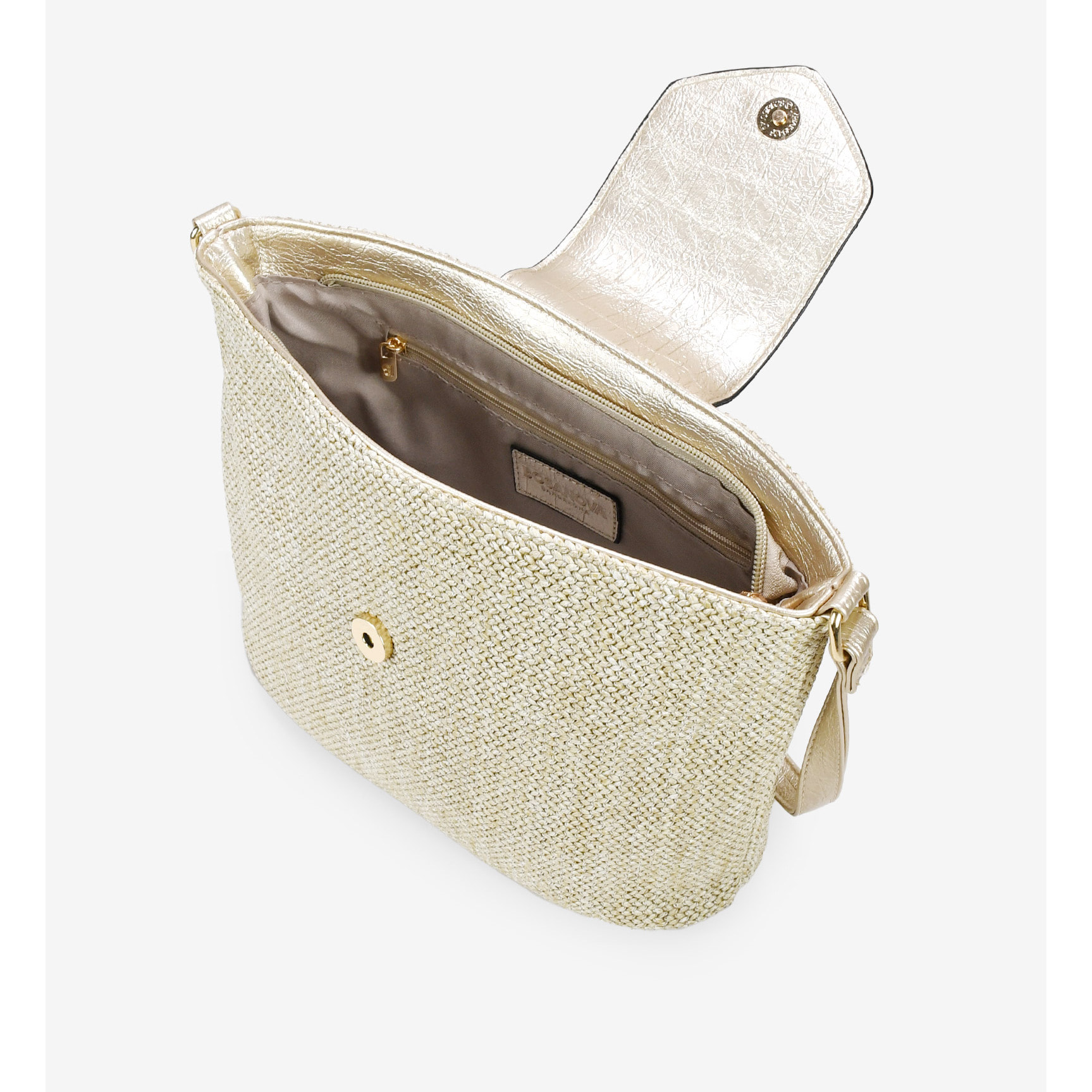 Bolso bandolera dorado en rafia con solapa