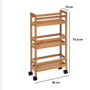 Desserte étroite 3 niveaux à roulettes Bambou
