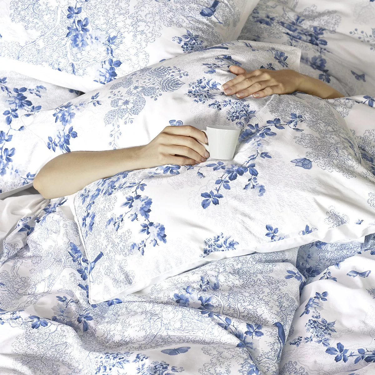 Taie d'oreiller percale de coton imprimé blanc bleu Voliere bleu