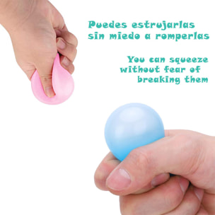 Bola de silicona antiestrés de 5,5cm, brilla en la oscuridad. Bola blanda para apretar y estrujar. Pegajosa, se pega en techo y paredes durante unos segundos.