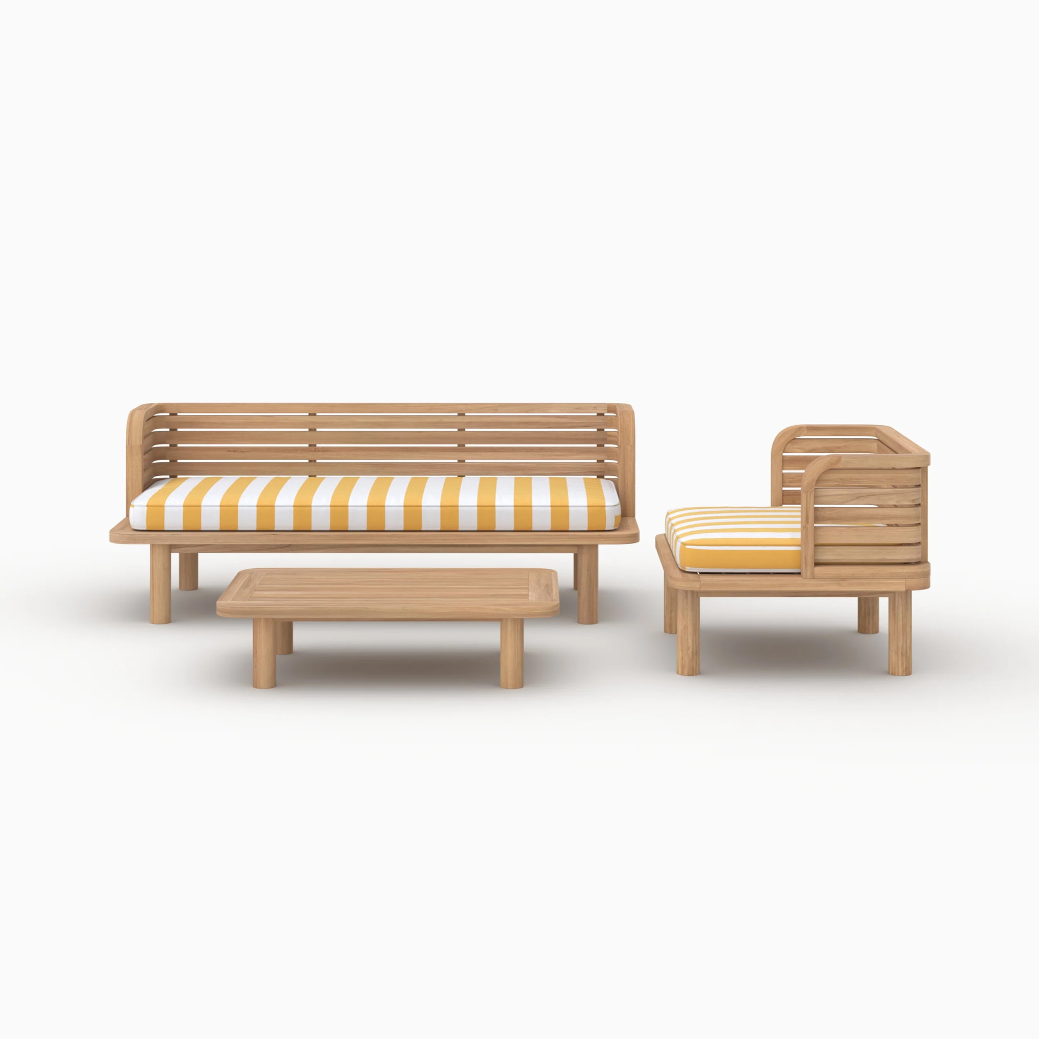 Salon de jardin 3 places en bois de teck et tissu rayé jaune - Kilda