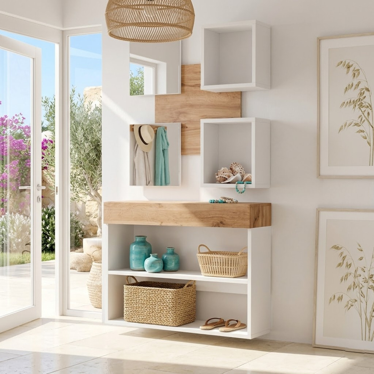 Mobile Ingresso Moderno Con Specchi E Vani A Giorno Consolle Sospesa Design Elegante Salvaspazio Per Corridoio 100 x 170 x 30 Cm Bianco E Rovere