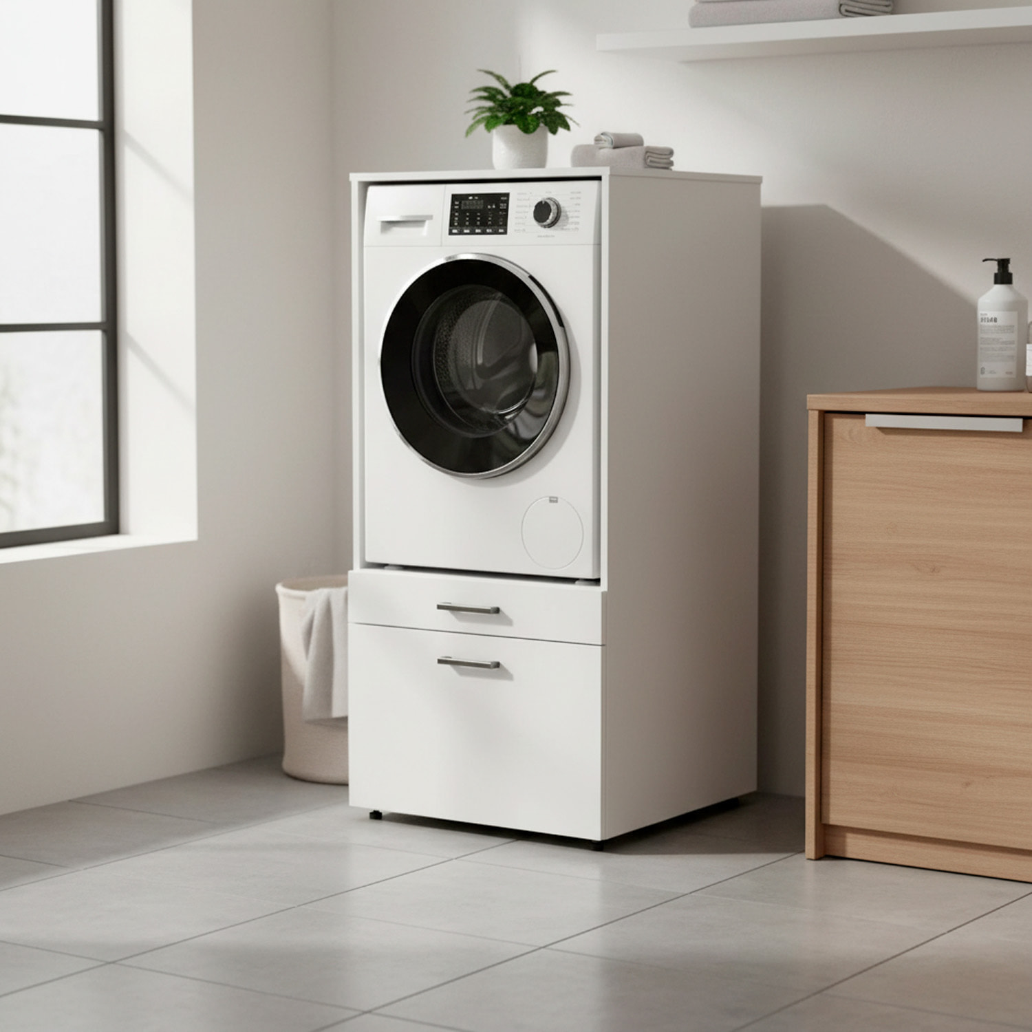 Mobile Lavatrice Con Cassettone Mensola Estraibile Mobiletto Lavanderia Asciugatrice Salvaspazio Con Vano Incasso Piano Appoggio 67×65×144 Cm Bianco