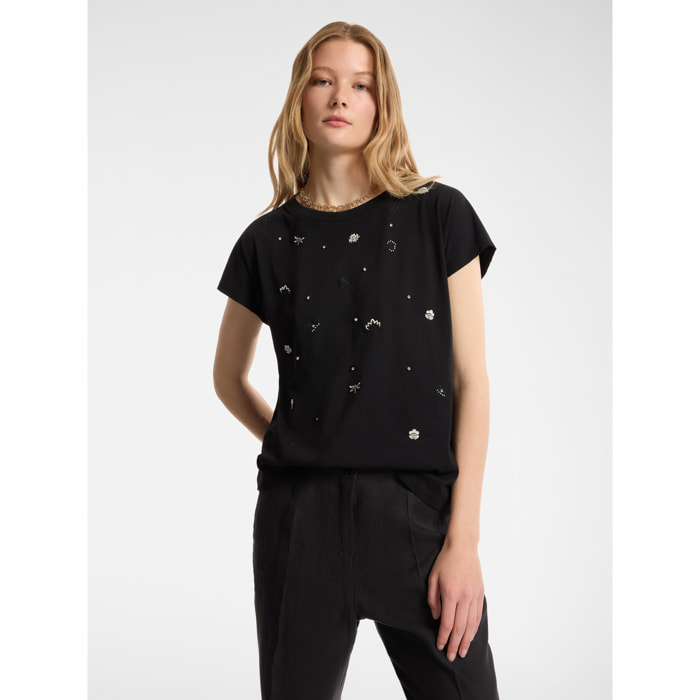 Elena Mirò - T-shirt in cotone con applicazioni - Nero
