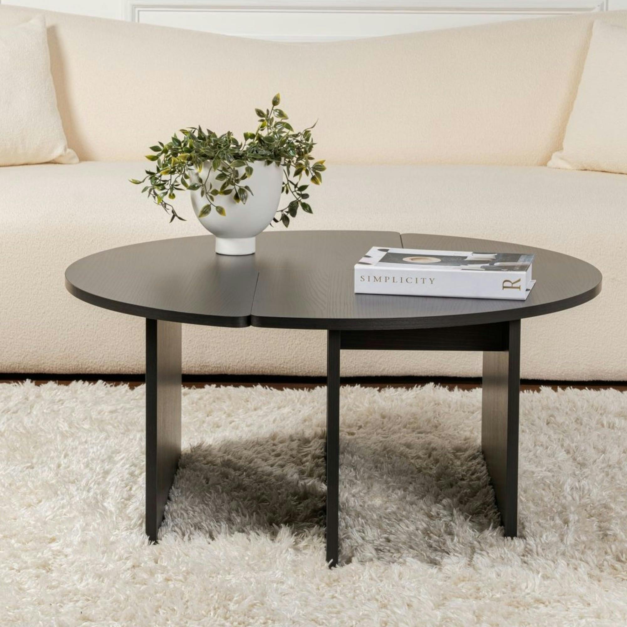 Table basse ronde noire effet bois - design puzzle MARFA