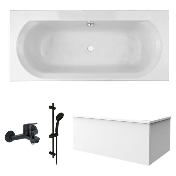 Pack baignoire droite 170 x 75 Elise + tablier angle + pommeau et mitigeur bain noir mat Aimé + vidage