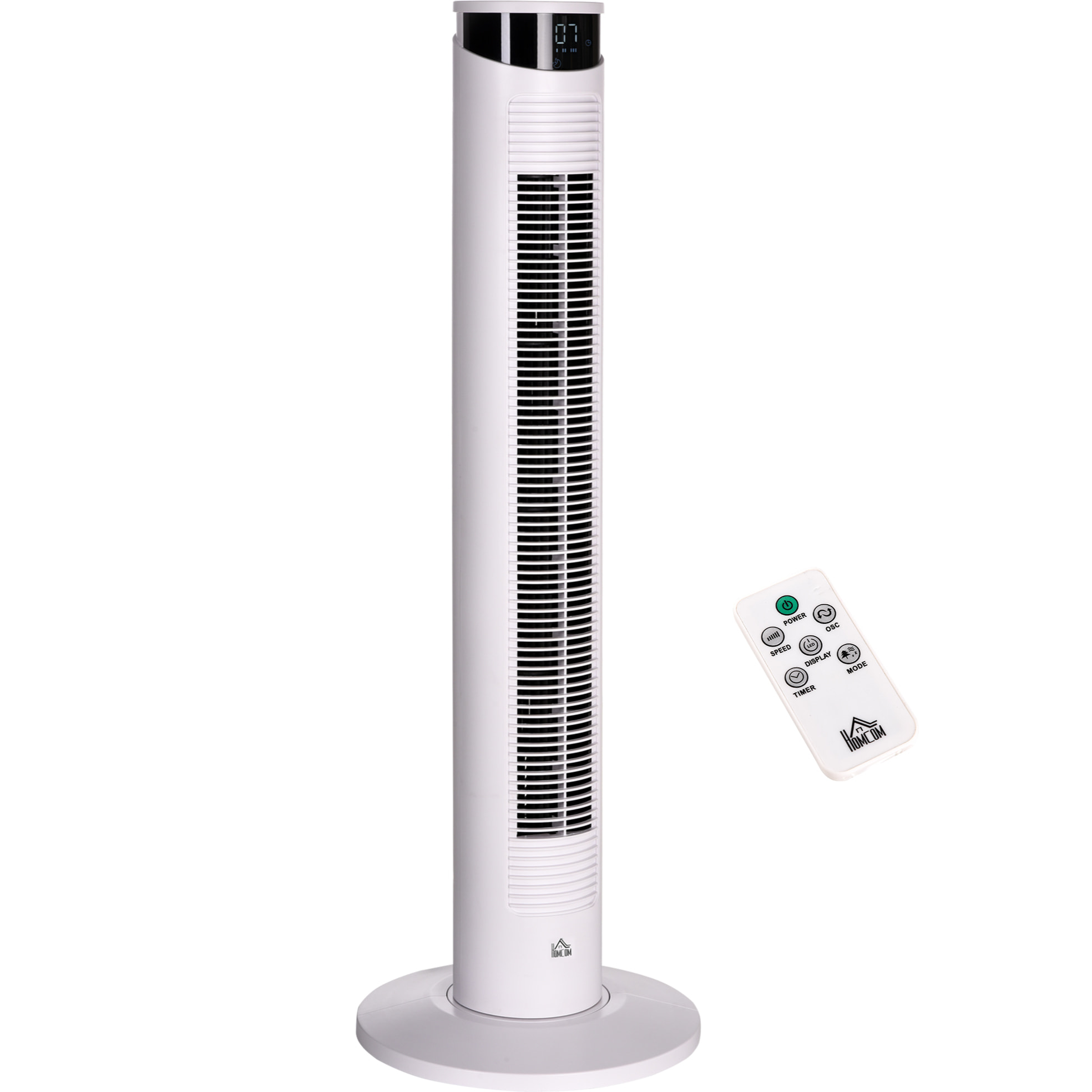 Ventilador de Torre Oscilante 45W con Control Remoto Temporizador de 12€¯h 3 Velocidades 3 Modos Pantalla LED y Asa de Transporte para Dormitorio Ø31,5x93 cm Blanco