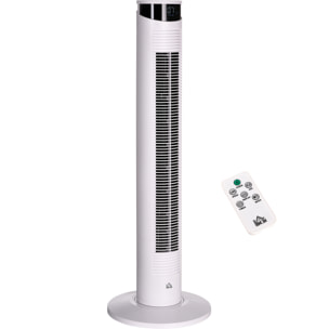 Ventilador de Torre Oscilante 45W con Control Remoto Temporizador de 12€¯h 3 Velocidades 3 Modos Pantalla LED y Asa de Transporte para Dormitorio Ø31,5x93 cm Blanco