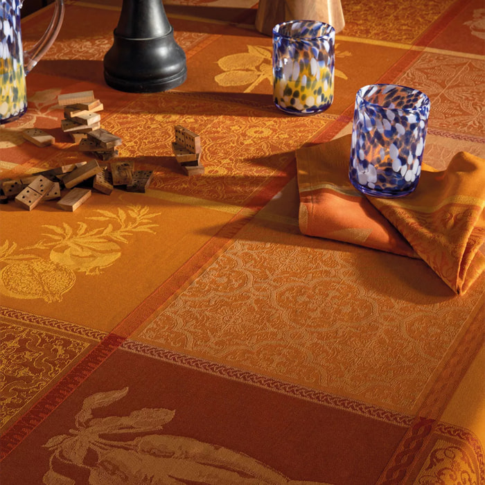 Nappe pur coton enduit motif jacquard jaune orange Mille tutti frutti ocre