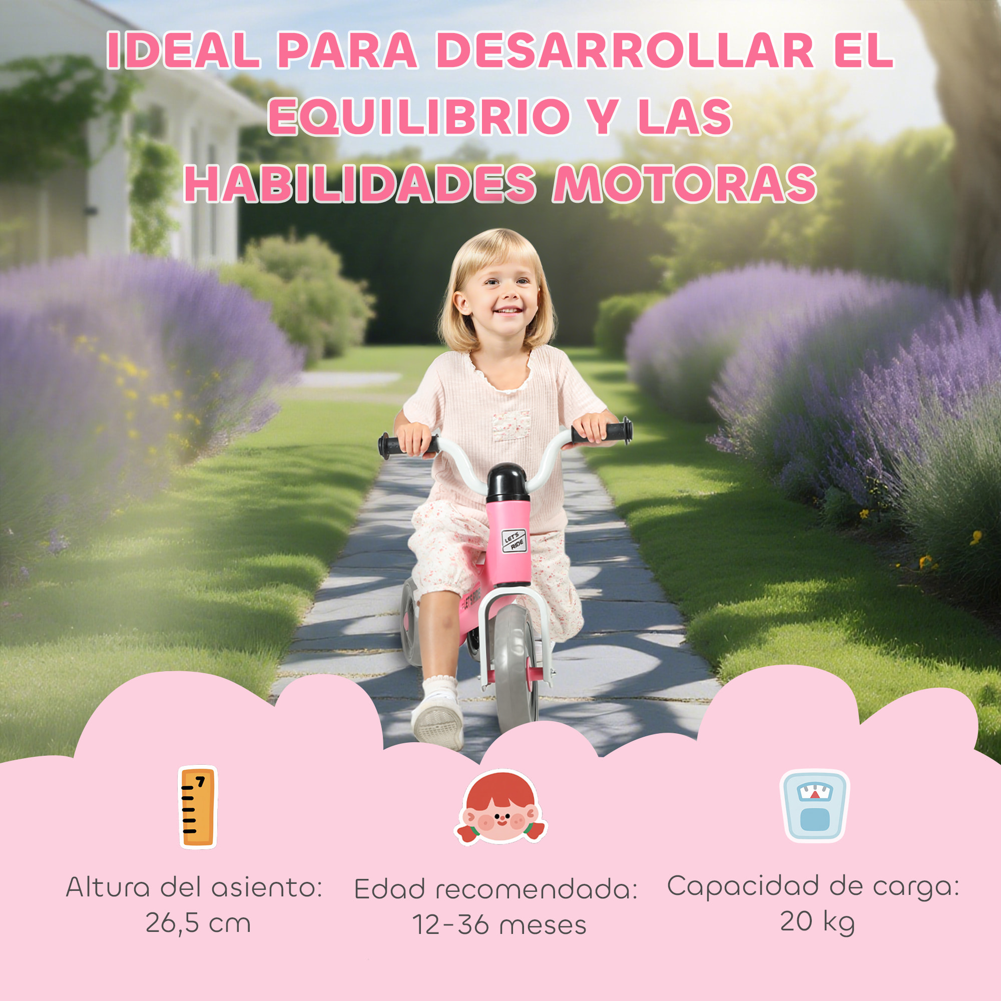 Bicicleta sin Pedales para Niños de 12 a 36 Meses, Bicicleta de Equilibrio con Ruedas Silenciosas y Resistentes a Pinchazos, Manillares con Giro Limitado a 60°, Rosa