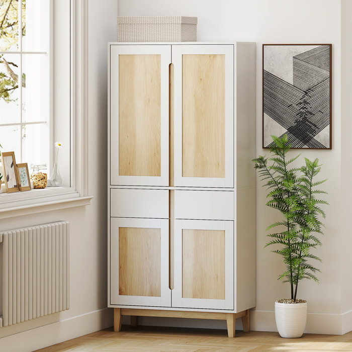 Buffet haut cuisine style nordique - 4 portes, 3 étagères - piètement bois blanc effet bois clair