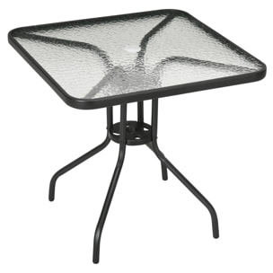 Mesa de Jardín Cuadrada Mesa de Comedor Exterior 76x76x72 cm con Agujero para Sombrilla y Encimera de Vidrio Templado para Patio Terraza Negro