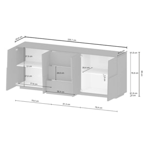 Credenza Ddamsgaar, Buffet da soggiorno, Madia da salotto con 4 ante e 3 cassetti, 220x44h86 cm, Bianco lucido