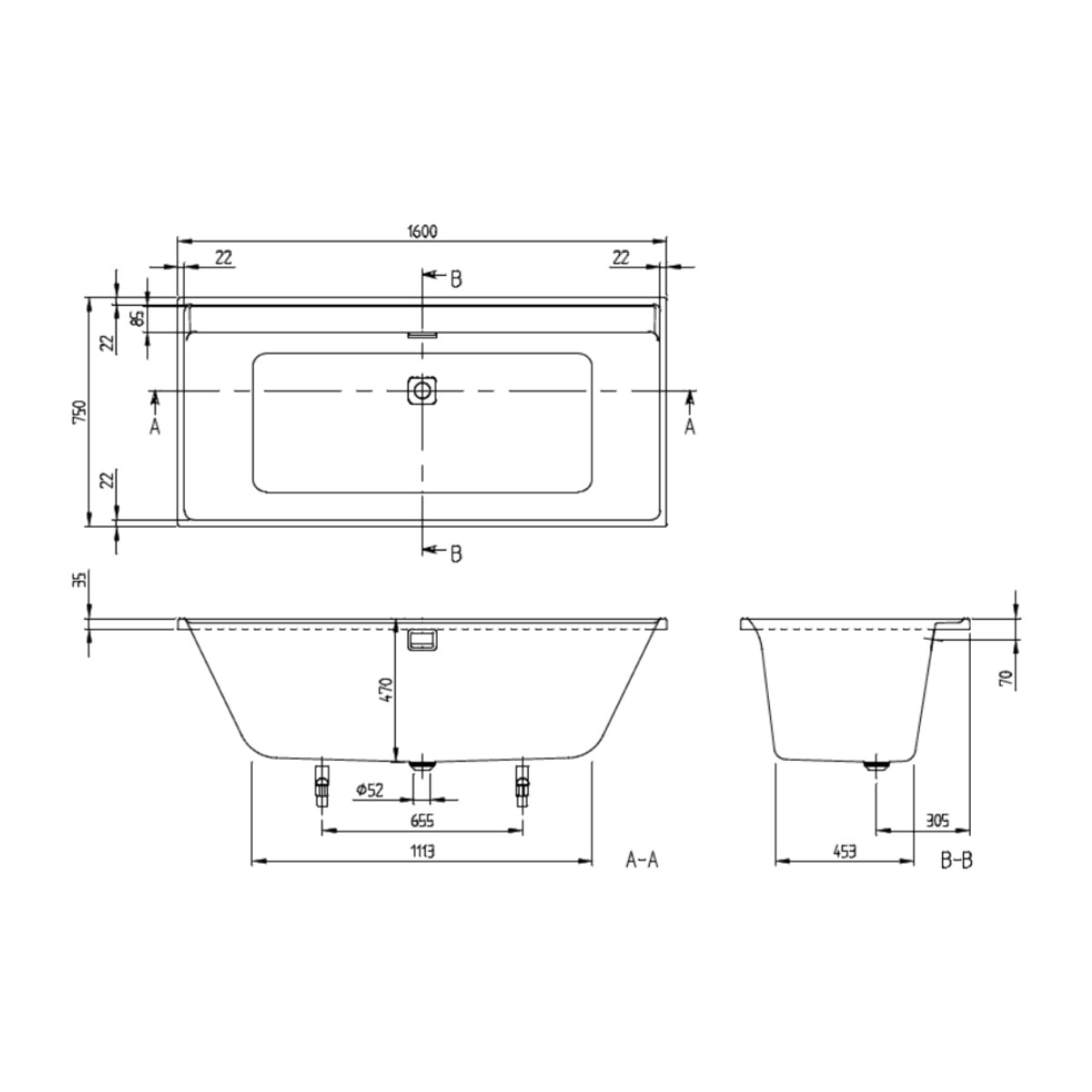 Baignoire droite 160 x 75 VILLEROY & BOCH Collaro Blanc