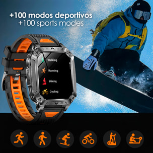 Smartwatch QS86. Con llamadas BT, batería de larga duración, modos de salud y deporte. Linterna y luz roja con aviso SOS sonoro.