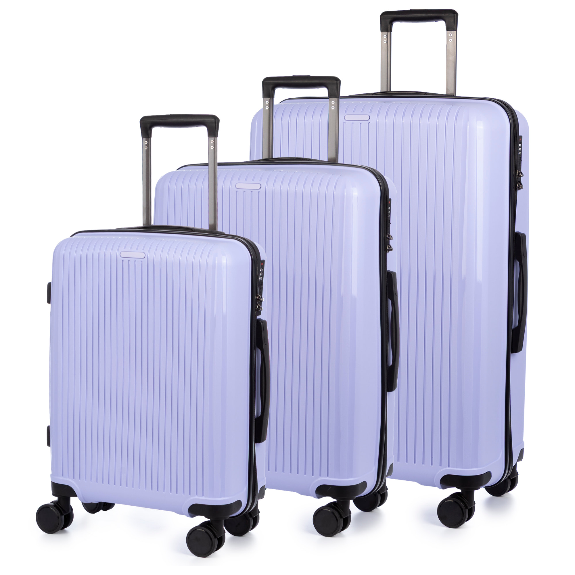 Set di 3 valigie Trolley, in materiale leggero PP resistente agli urti. Chiusura TSA a combinazione, 4 ruote doppie girevoli a 360°.