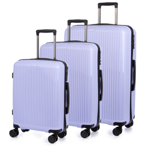 Set di 3 valigie Trolley, in materiale leggero PP resistente agli urti. Chiusura TSA a combinazione, 4 ruote doppie girevoli a 360°.