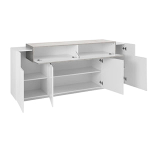 Credenza moderna a 5 ante, Made in Italy, Madia da cucina, Buffet di design da soggiorno, cm 200x45h86, colore Bianco lucido e Cemento