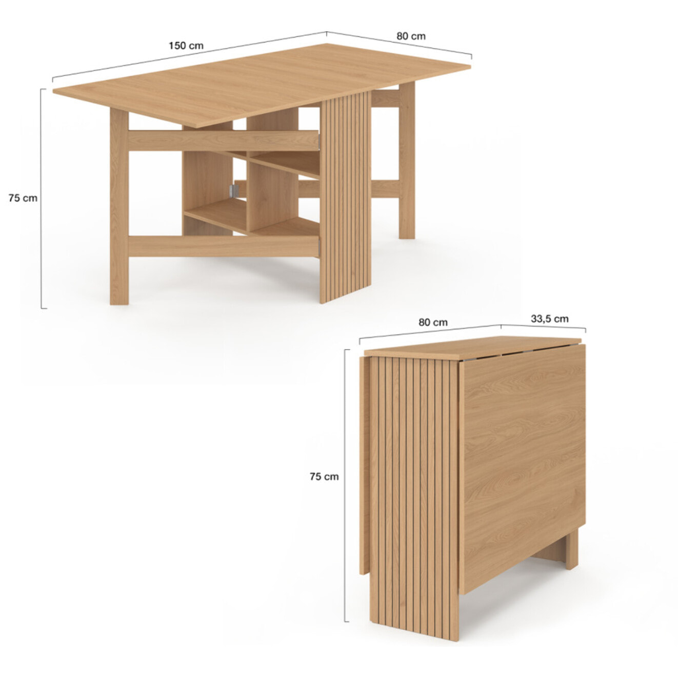 Table à manger dépliable Faustine avec rangement intégré bois et lattes 150cm