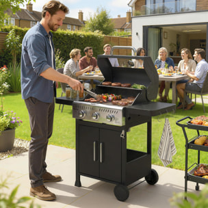 Barbacoa de Gas BBQ Gas Portátil con 3 Quemadores 7,5 kW Termómetro Mesas Laterales Plegables Armario Rejilla Calentadora Parrilla Plancha Tapa con Ventana Recogedor y Recipiente Grasa Ruedas