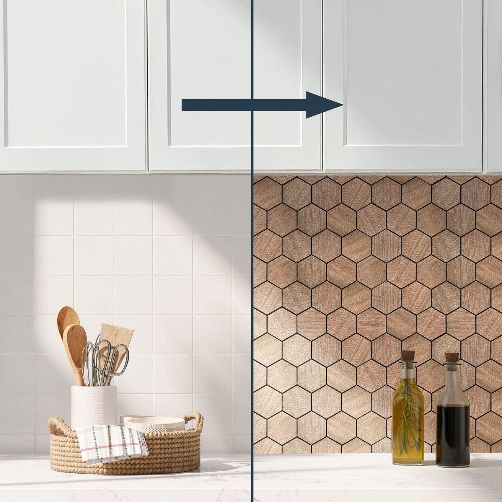 Crédence adhésive murale 3D  - Effet carrelage hexagonal 4 pièces - Naturel
