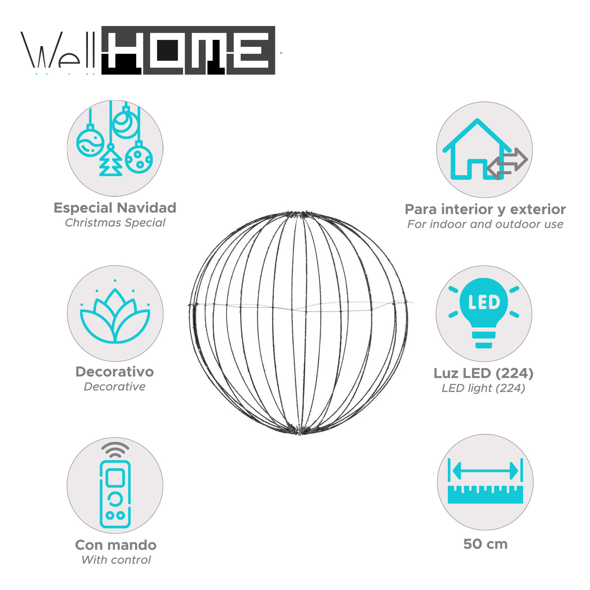 iluminación navideña de bola metálica plegable con 224 luces led rgb y control remoto