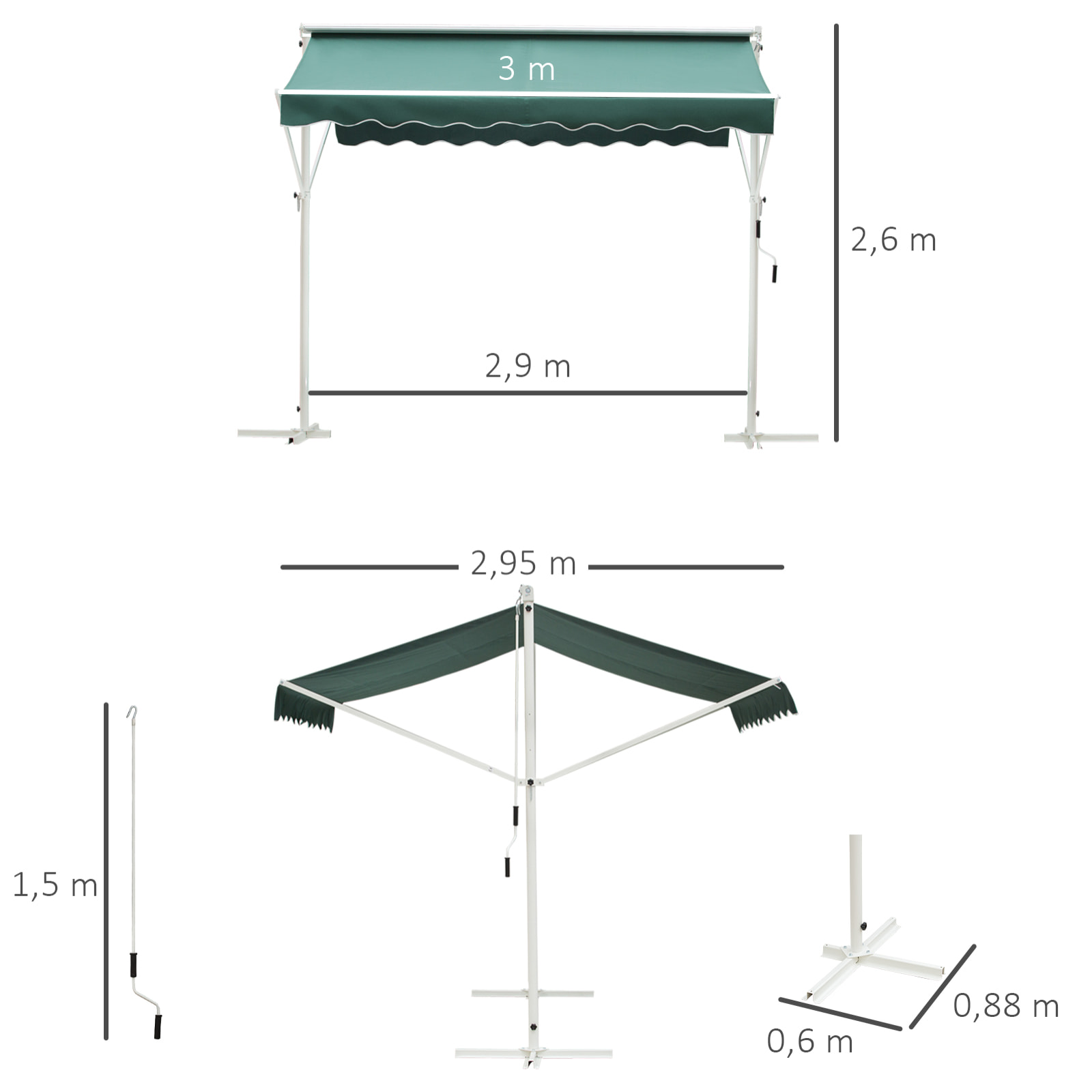 Store double pente manuel rétractable inclinaison réglable métal polyester imperméabilisé 3L x 2,95l x 2,6H m vert