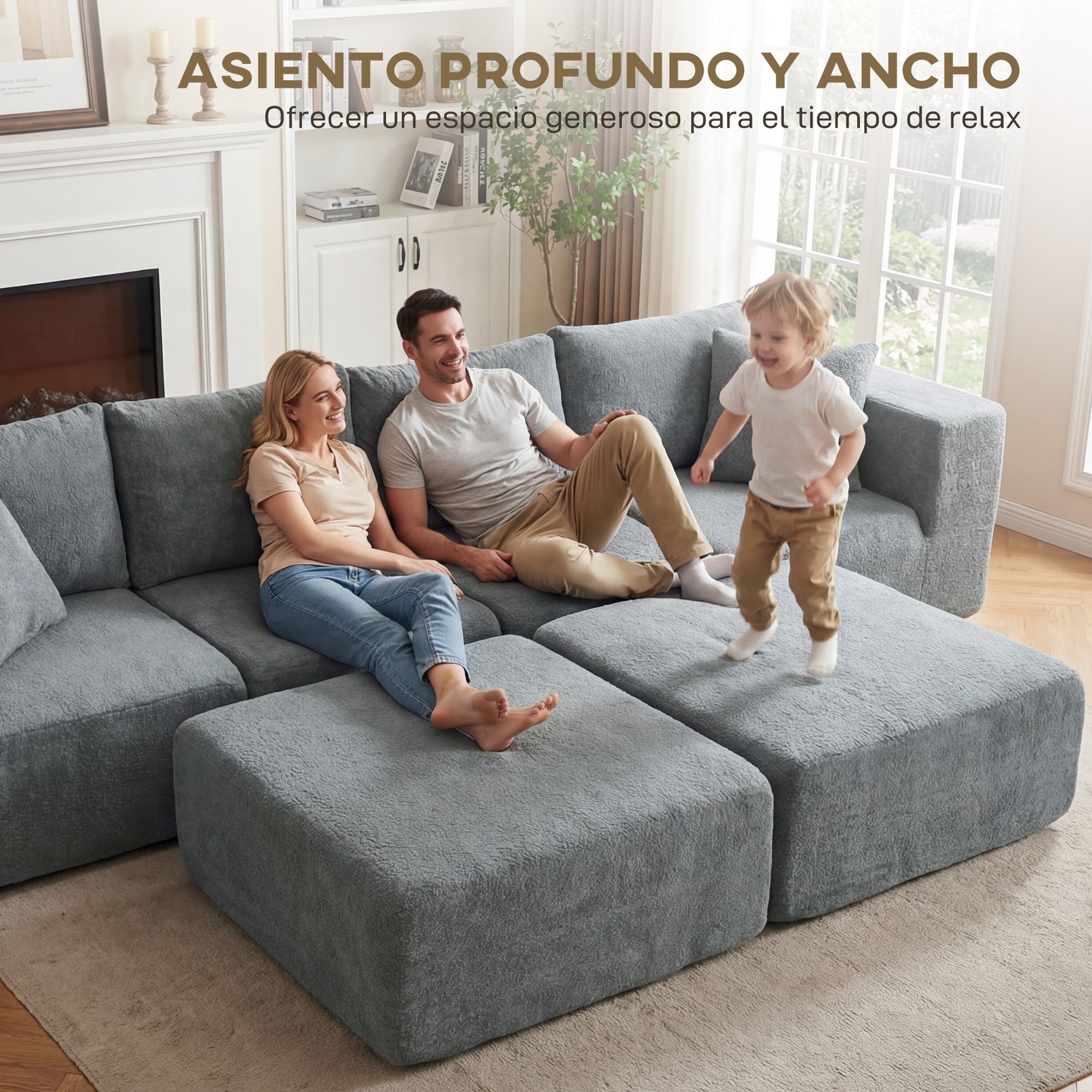 Sofá Modular en Forma de U, Sofá de Esquina Seccional de 4 Plazas con 2 Taburetes, Almohadas, Reposabrazos Anchos, sin Montaje, Asientos Amplios y Profundos, Tapizado en Terciopelo, Gris Oscuro