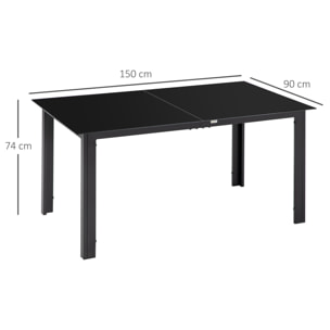 Table de jardin rectangulaire 6 personnes dim. 150L x 90l x 74H cm alu. plateau verre trempé noir